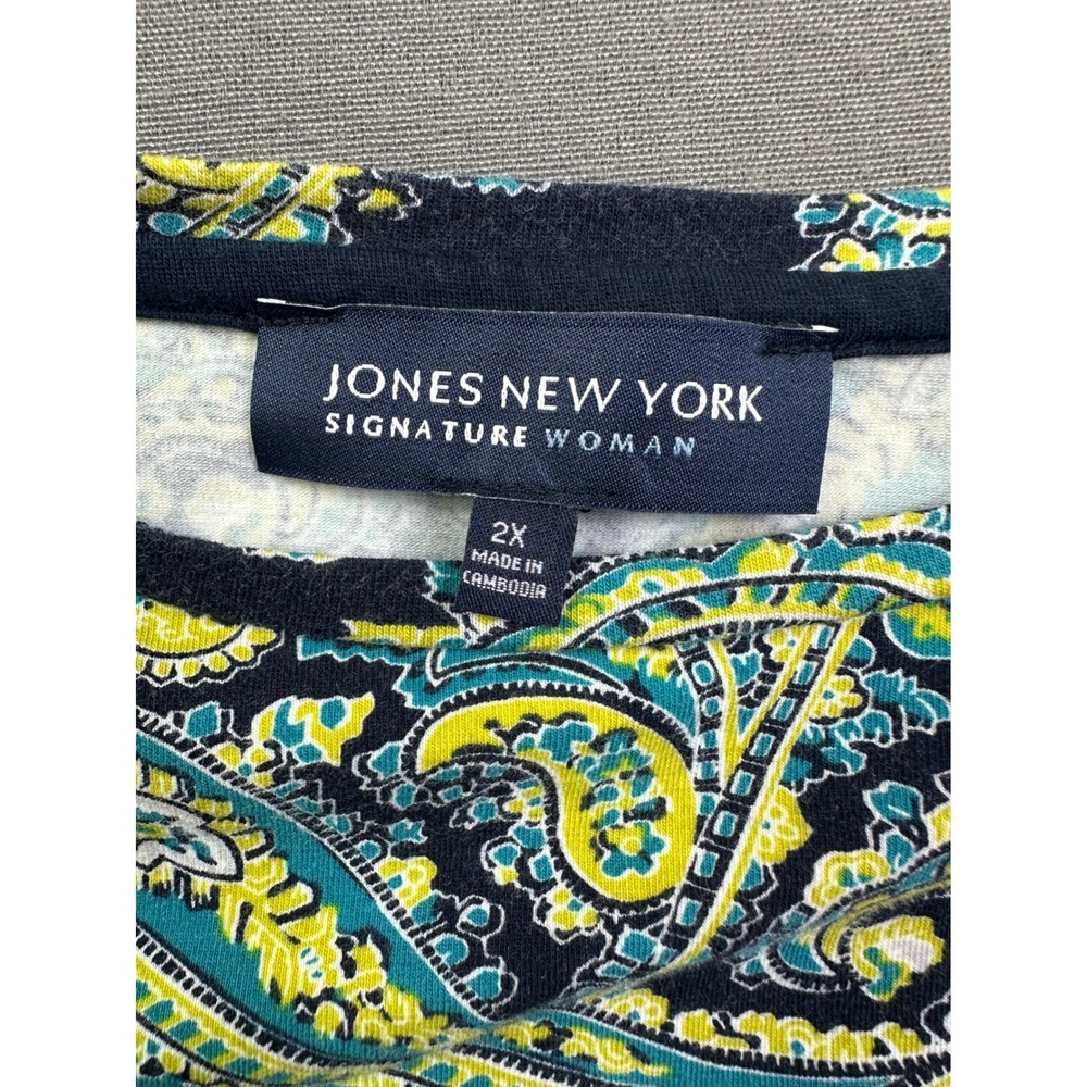 Jones New York Signature Woman Paisley Print 3/4 Sleeve Top Navy Teal 2X